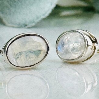 Rainbow Moonstone Earrings - Oval Faceted Studs - Bezel Set Sterling Silver