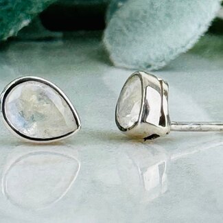 Rainbow Moonstone Earrings - Teardrop Pear Faceted Studs - Bezel Set Sterling Silver