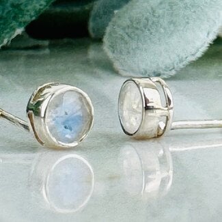 Rainbow Moonstone Earrings - Round Circle Faceted Studs - Bezel Set Sterling Silver