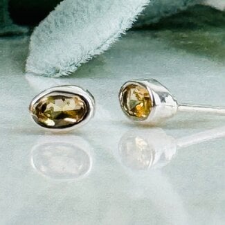Citrine Earrings - Oval Faceted Studs - Bezel Set Sterling Silver