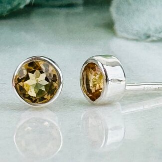 Citrine Earrings - Circle Round Faceted Studs - Bezel Set Sterling Silver