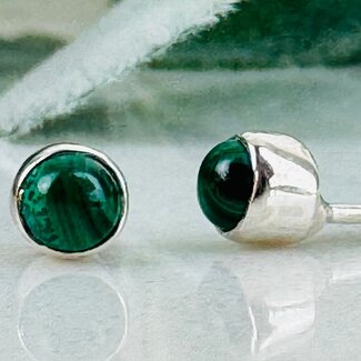 Malachite Earrings - Round Circle Studs - Bezel Set Sterling Silver