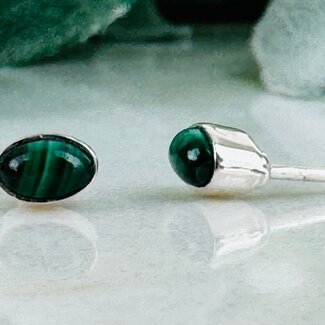 Malachite Earrings - Oval Studs - Bezel Set Sterling Silver