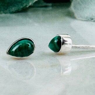 Malachite Earrings - Teardrop Pear Studs - Bezel Set Sterling Silver