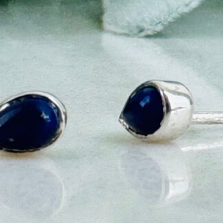 Lapis Lazuli Earrings - Teardrop Pear Studs Bezel Set - Sterling Silver