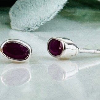 Ruby Earrings - Oval Faceted Studs - Bezel Set Sterling Silver