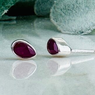 Ruby Earrings - Teardrop Pear Faceted Studs - Bezel Set Sterling Silver