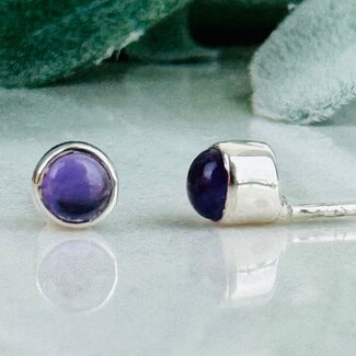 Amethyst Earrings - Round Circle Studs - Bezel Set Sterling Silver