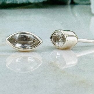 White Topaz Earrings - Marquise Faceted Studs - Bezel Set Sterling Silver