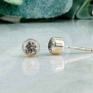 White Topaz Earrings - Round Circle Faceted Studs - Bezel Set Sterling Silver