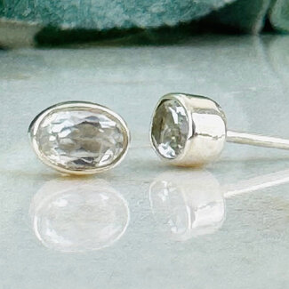 White Topaz Earrings - Oval Faceted Studs - Bezel Set Sterling Silver