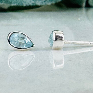 Aquamarine Earrings - Teardrop Pear Faceted Studs - Bezel Set Sterling Silver