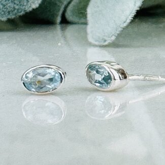 Aquamarine Earrings - Oval Faceted Studs - Bezel Set Sterling Silver
