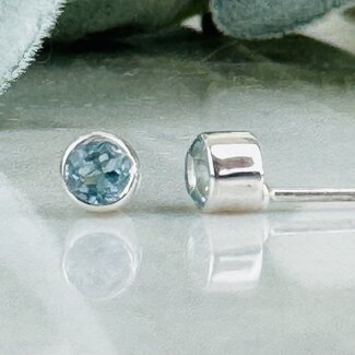 Aquamarine Earrings - Round Circle Faceted Studs - Bezel Set Sterling Silver