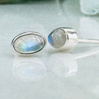 Rainbow Moonstone Earrings - Oval Studs - Bezel Set Sterling Silver
