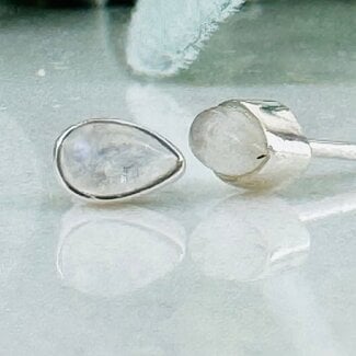 Rainbow Moonstone Earrings - Teardrop Pear Studs - Bezel Set Sterling Silver