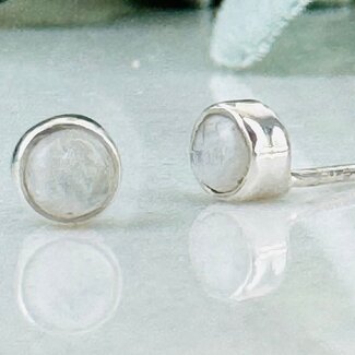 Rainbow Moonstone Earrings - Round Circle Studs - Bezel Set Sterling Silver