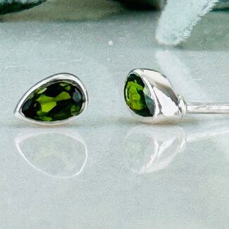 Green Chrome Diopside Earrings - Teardrop Pear Faceted Studs - Bezel Set Sterling Silver