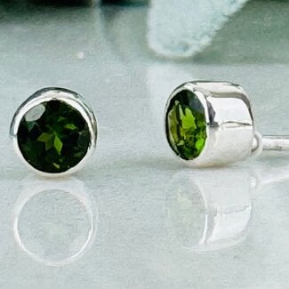 Green Chrome Diopside Earrings - Round Circle Faceted Studs - Bezel Set Sterling Silver