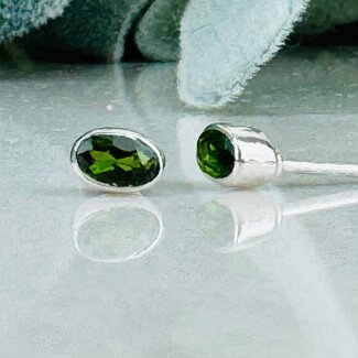 Green Chrome Diopside Earrings - Oval Faceted Studs - Bezel Set Sterling Silver