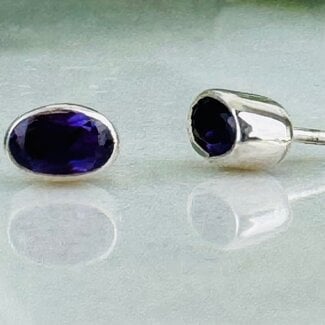 Amethyst Earrings - Oval Faceted Studs - Bezel Set Sterling Silver