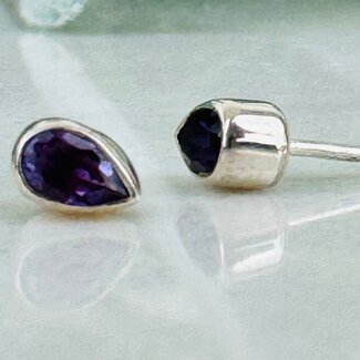 Amethyst Earrings - Teardrop Pear Faceted Studs - Bezel Set Sterling Silver