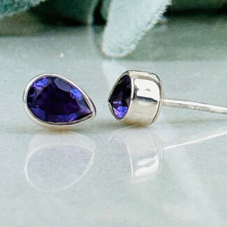 Amethyst Earrings - Teardrop Pear Faceted Studs - Bezel Set Sterling Silver