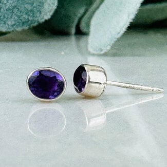 Amethyst Earrings - Oval Faceted Studs - Bezel Set Sterling Silver