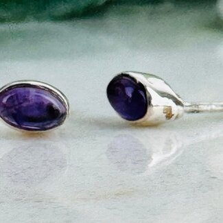 Amethyst Earrings - Oval Studs - Bezel Set Sterling Silver