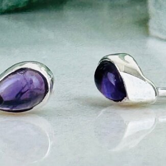 Amethyst Earrings - Teardrop Pear Studs - Bezel Set Sterling Silver