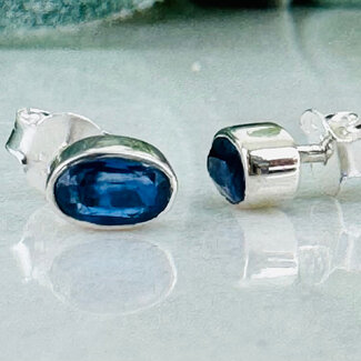 Blue Kyanite Earrings - Oval Studs Faceted - Bezel Set Sterling Silver
