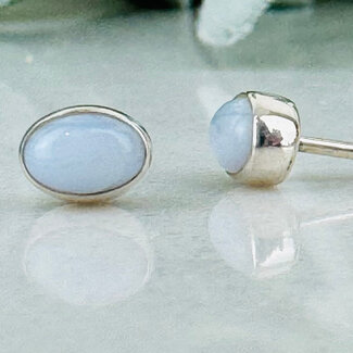 Blue Lace Agate Earrings - Oval Studs Bezel Set - Sterling Silver .925
