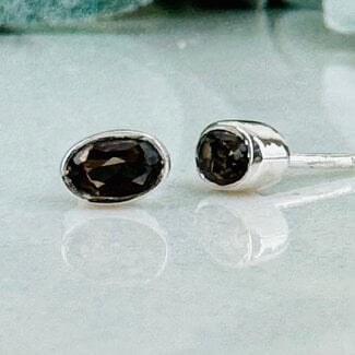 Smoky (Smokey) Quartz Earrings - Oval Faceted Studs - Bezel Set  Sterling Silver