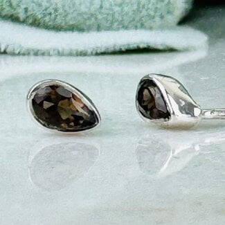 Smoky (Smokey) Quartz Earrings - Teardrop Pear Faceted Studs - Bezel Set  Sterling Silver