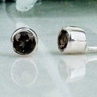 Smoky (Smokey) Quartz Earrings - Circle Round Faceted Studs - Bezel Set  Sterling Silver