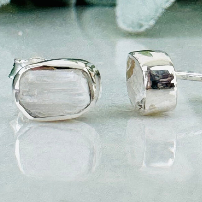 Selenite (Satin Spar Gypsum) Earrings - Natural Rough Raw Studs Bezel Set - Sterling Silver .925
