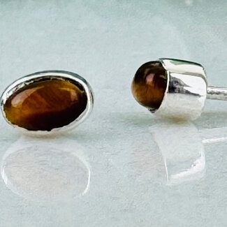 Gold Tigers Eye Earrings - Oval Studs - Bezel Set Sterling Silver