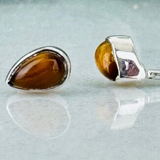 Gold Tigers Eye Earrings - Teardrop Pear Studs - Bezel Set Sterling Silver