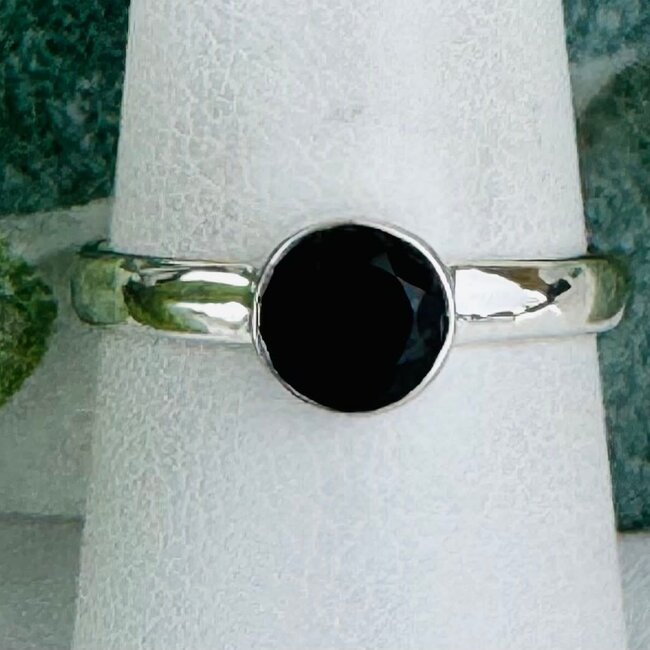 Black Tourmaline Rings - Size 11 Circle Round Faceted - Bezel Set Sterling Silver