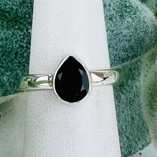 Black Tourmaline Rings - Size 9 Teardrop Pear Faceted - Bezel Set Sterling Silver