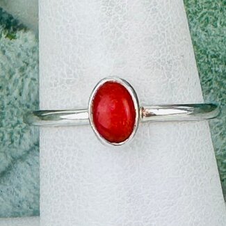 Red Coral Rings - Size 4 Oval - Bezel Set Sterling Silver - Stackable