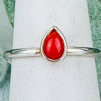 Red Coral Rings - Size 10 Teardrop Pear - Bezel Set Sterling Silver - Stackable