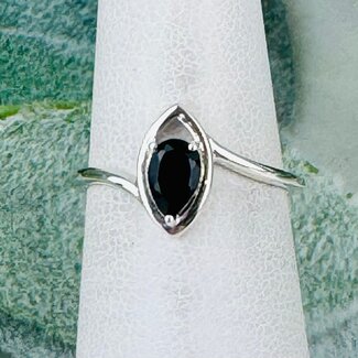 Black Tourmaline Rings - Size 10 Faceted Teardrop Pear in Marquise Setting - Claw Prong Set Sterling Silver