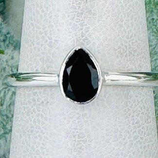 Black Tourmaline Rings - Size 6 Teardrop Pear Faceted - Bezel Set Sterling Silver - Stackable