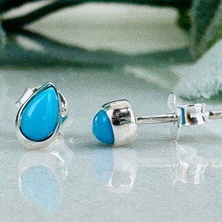 Turquoise Earrings - Teardrop Pear Studs Bezel Set - Sterling Silver