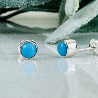 Turquoise Earrings - Round Circle Studs Bezel Set - Sterling Silver