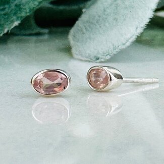 Rose Quartz Earrings - Oval Faceted Studs - Bezel Set Sterling Silver
