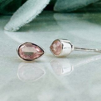 Rose Quartz Earrings - Teardrop Pear Faceted Studs - Bezel Set Sterling Silver
