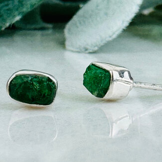 Emerald Earrings - Rough Studs -  Bezel Set Sterling Silver Raw Natural
