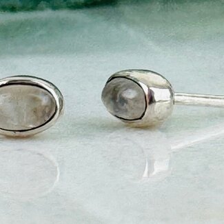 Labradorite Earrings - Oval Studs - Bezel Set Sterling Silver